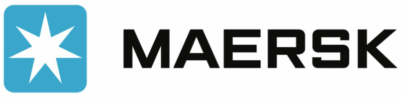 Maersk logo with a white star inside a blue square, next to the word "MAERSK" in bold black letters.